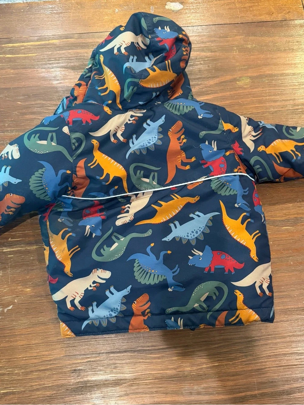 The Children's Place Navy Hooded Puffer Jacket with Multicolor Dinosaur Print
